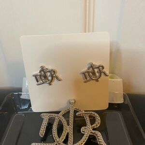 Dior Silver Logo Earrings and matching brooch set